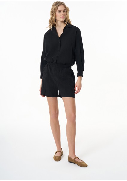 Beli Lastikli Dokulu Basic Mini Şort Siyah