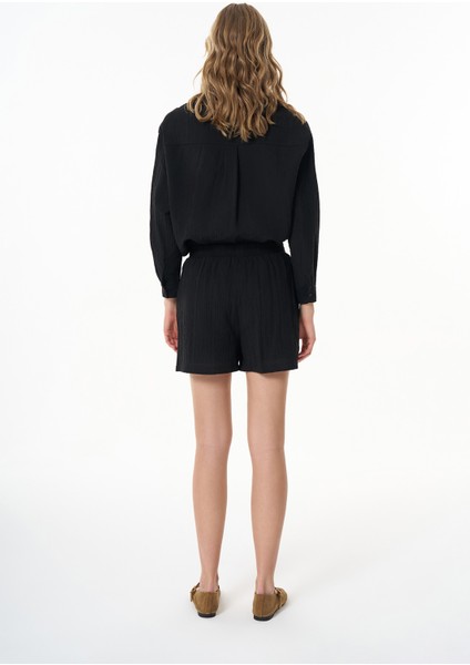 Beli Lastikli Dokulu Basic Mini Şort Siyah