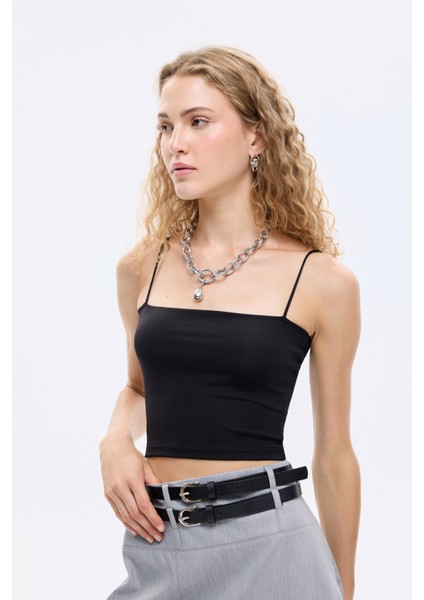 Ip Askılı Basic Crop Atlet Siyah