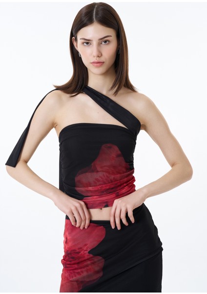 Drapeli Desenli Tül Bluz Siyah