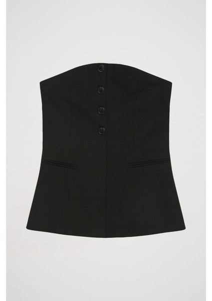 Düğme Detaylı Straplez Bluz Siyah