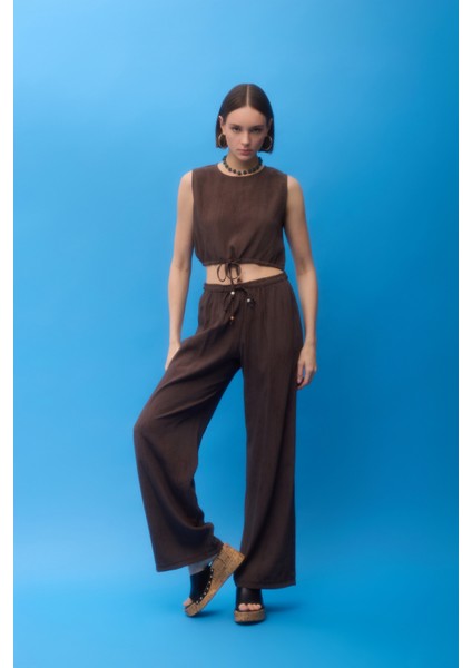 Beli Lastikli Desenli Bol Paça Pantolon Kahverengi