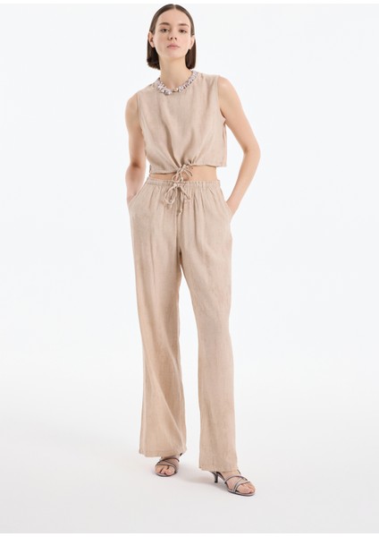 Beli Lastikli Desenli Bol Paça Pantolon Bej