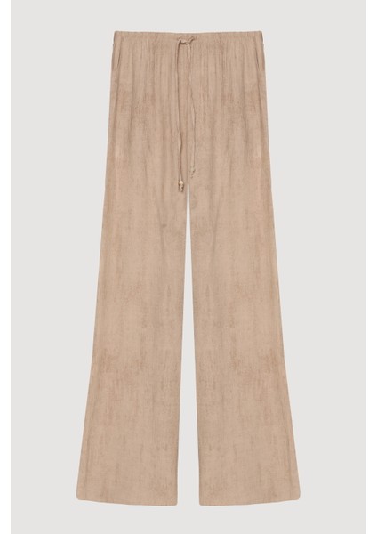 Beli Lastikli Desenli Bol Paça Pantolon Bej