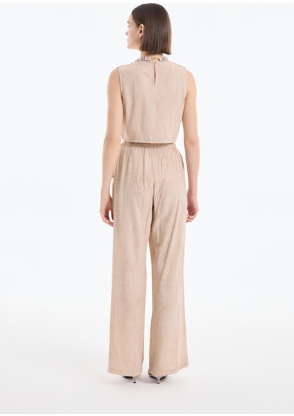 Beli Lastikli Desenli Bol Paça Pantolon Bej