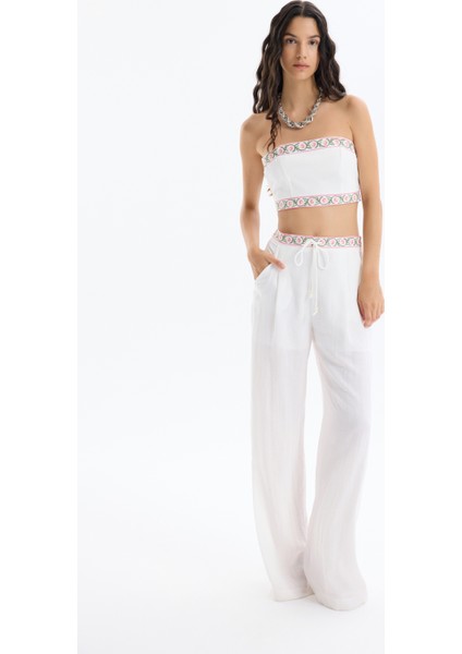 Beli Bağlamalı Nakışlı Bol Paça Pantolon Ekru