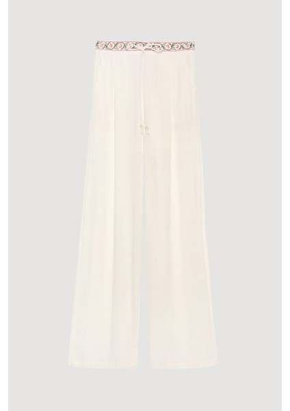 Beli Bağlamalı Nakışlı Bol Paça Pantolon Ekru