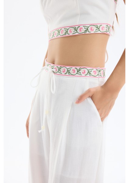 Beli Bağlamalı Nakışlı Bol Paça Pantolon Ekru