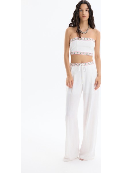 Beli Bağlamalı Nakışlı Bol Paça Pantolon Ekru