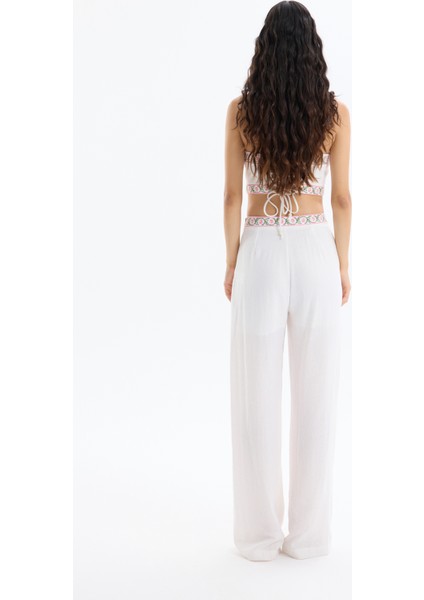 Beli Bağlamalı Nakışlı Bol Paça Pantolon Ekru
