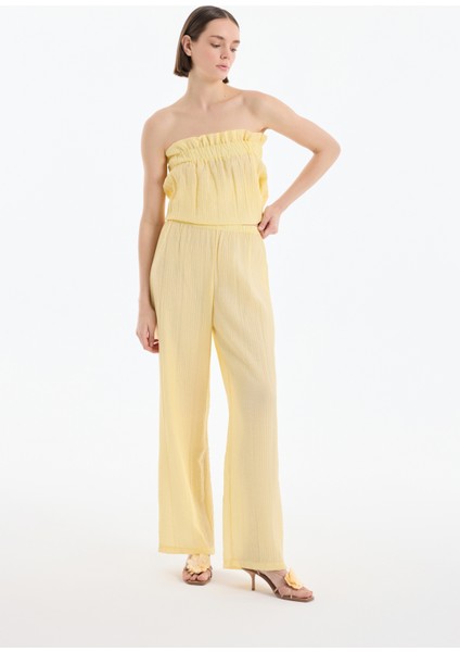 Gofre Kumaş Geniş Paça Pantolon Sarı