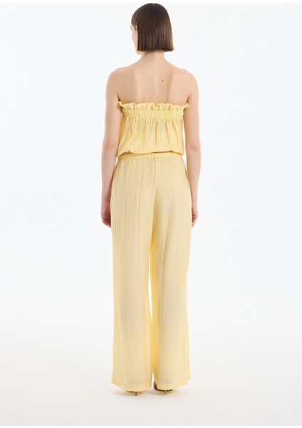 Gofre Kumaş Geniş Paça Pantolon Sarı