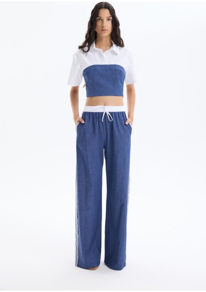 Yanları Şerit Yazılı Kot Görünümlü Pantolon Indigo
