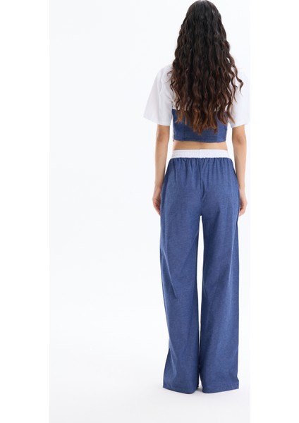 Yanları Şerit Yazılı Kot Görünümlü Pantolon Indigo