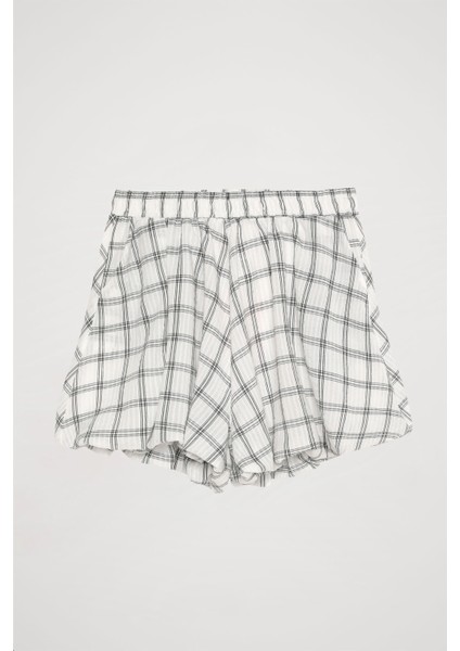 Ekose Çizgili Mini Balon Şort Ekru