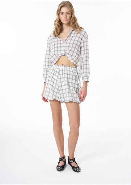 Ekose Çizgili Mini Balon Şort Ekru