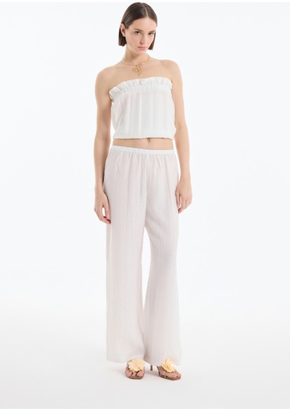 Gofre Kumaş Geniş Paça Pantolon Ekru