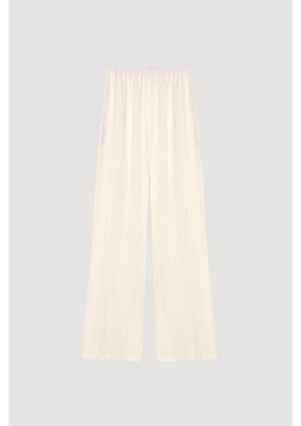 Gofre Kumaş Geniş Paça Pantolon Ekru