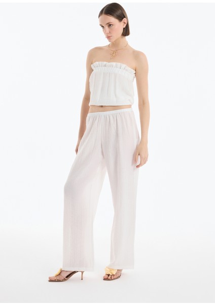 Gofre Kumaş Geniş Paça Pantolon Ekru