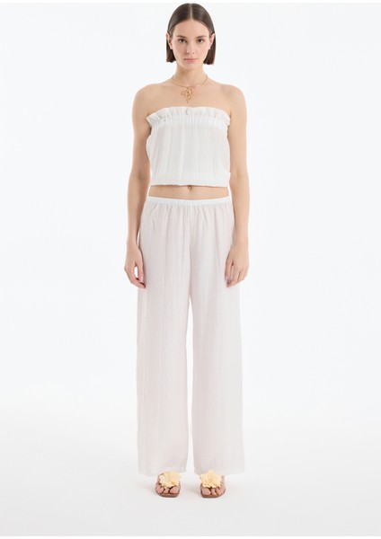 Gofre Kumaş Geniş Paça Pantolon Ekru
