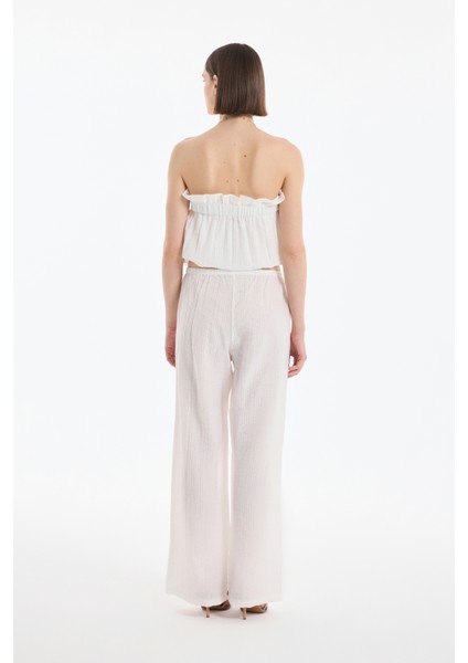 Gofre Kumaş Geniş Paça Pantolon Ekru