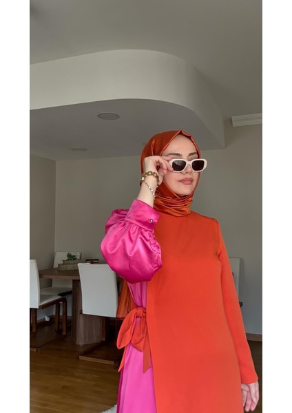Kontrast Renkli Elbise Turuncu