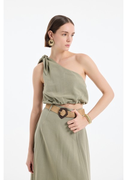 Bağlama Detaylı Tek Omuz Keten Crop Bluz Haki