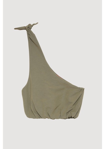 Bağlama Detaylı Tek Omuz Keten Crop Bluz Haki