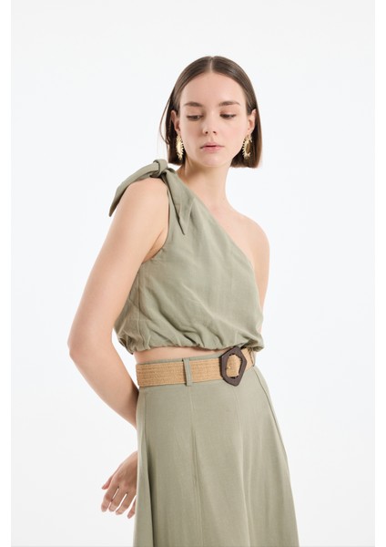 Bağlama Detaylı Tek Omuz Keten Crop Bluz Haki