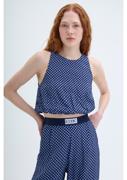 Sırt Dekolteli Benekli Bluz Lacivert