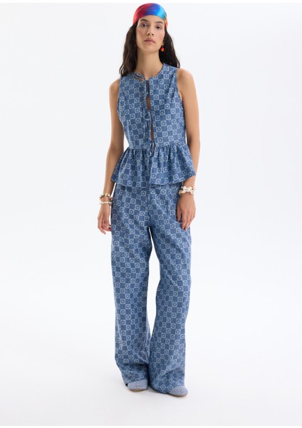 Damalı Kot Görünümlü Bol Paça Pantolon Indigo