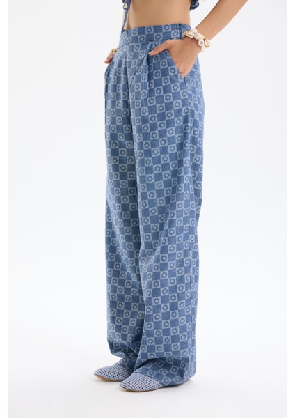 Damalı Kot Görünümlü Bol Paça Pantolon Indigo