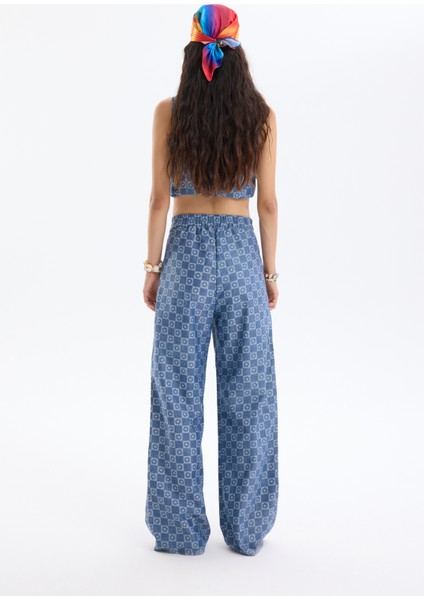 Damalı Kot Görünümlü Bol Paça Pantolon Indigo