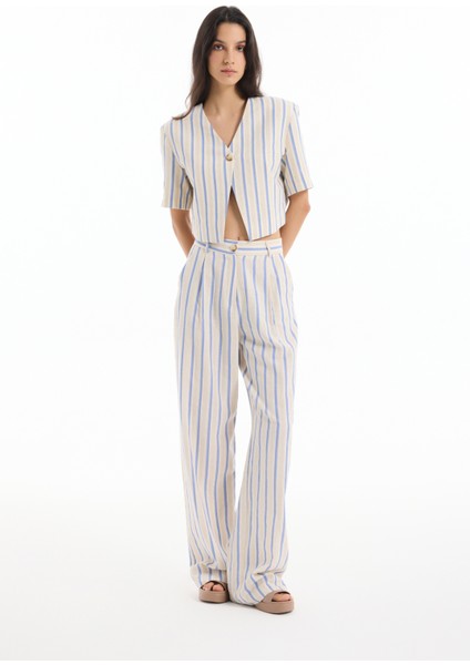 Kalın Çizgili Düz Kesim Pantolon Ekru