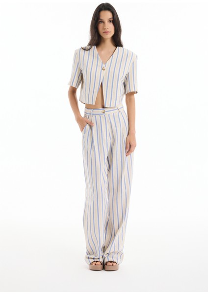 Kalın Çizgili Düz Kesim Pantolon Ekru