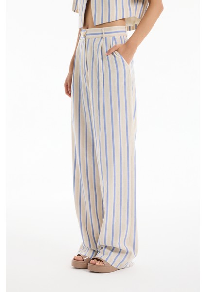 Kalın Çizgili Düz Kesim Pantolon Ekru