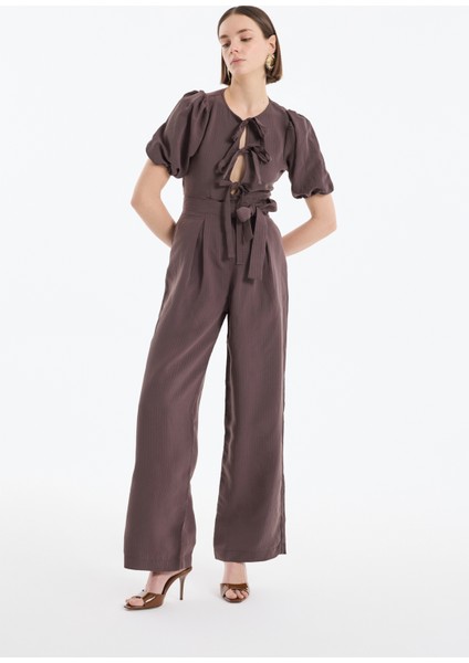 Beli Bağlama Detaylı Bol Paça Pantolon Kahverengi