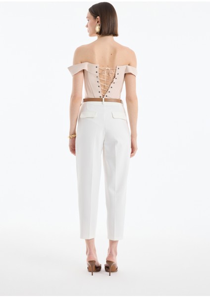 Kemer Aksesuarlı Pensli Pantolon Ekru