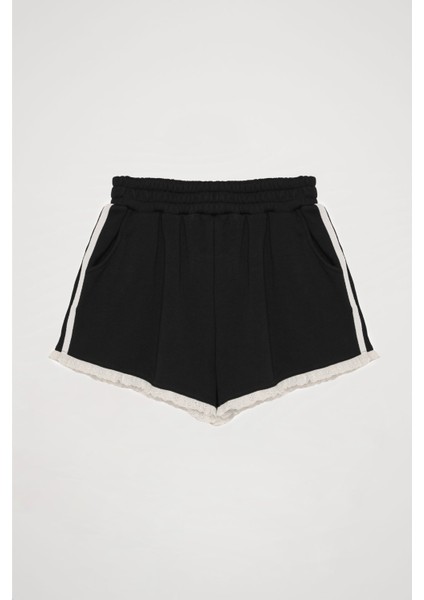 Ucu Nakış Detaylı Şeritli Mini Şort Lacivert