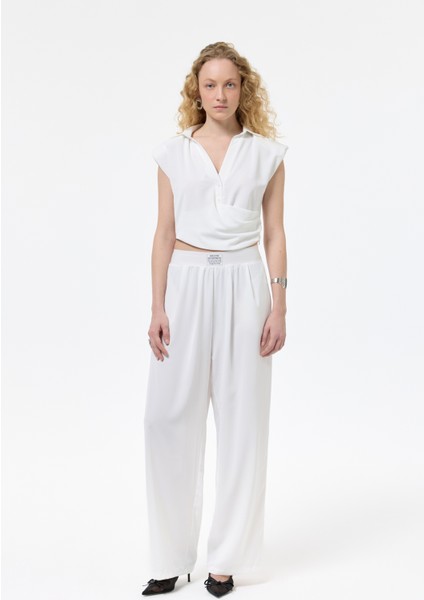 Beli Etiket Aksesuarlı Bol Paça Pantolon Ekru