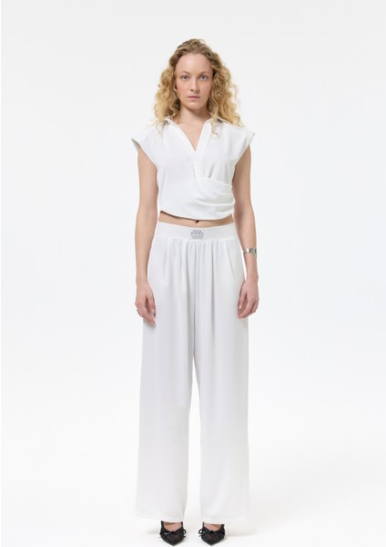 Beli Etiket Aksesuarlı Bol Paça Pantolon Ekru