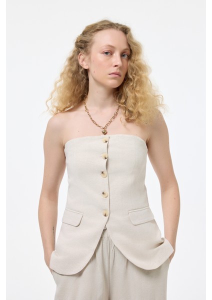 Düğmeli Straplez Keten Bluz Naturel