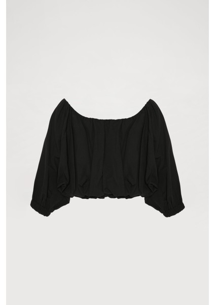 Düşük Omuz Balon Kol Bluz Siyah