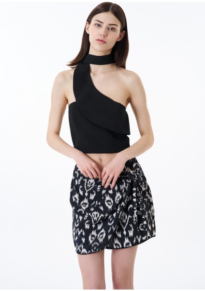 Boyun Detaylı Crop Bluz Siyah