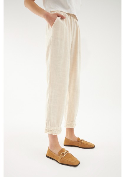 Paçası Püsküllü Keten Pantolon Naturel