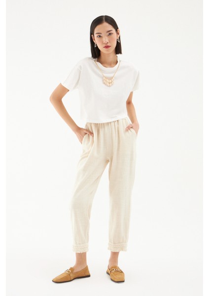 Paçası Püsküllü Keten Pantolon Naturel