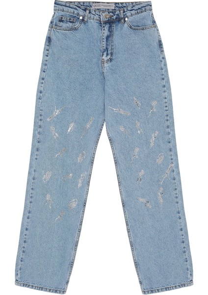 Taş Detaylı Bol Paça Denim Pantolon Mavi