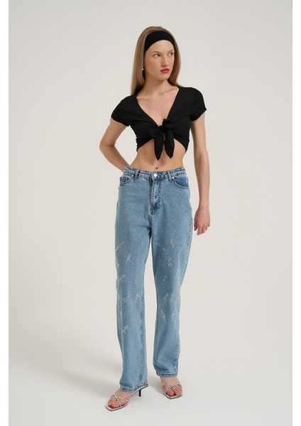 Taş Detaylı Bol Paça Denim Pantolon Mavi