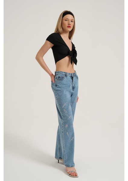 Taş Detaylı Bol Paça Denim Pantolon Mavi