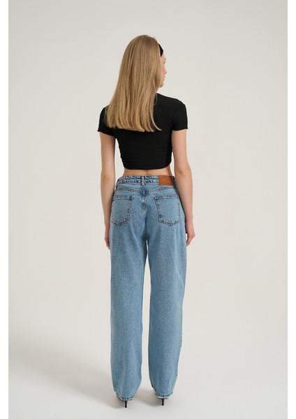 Taş Detaylı Bol Paça Denim Pantolon Mavi